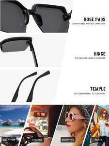 Close-up of rimless sunglasses showing reinforced hinges and integrated nose pads