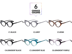 Collection de six montures de lunettes œil de chat colorées présentées sur fond blanc
