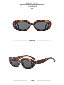 Dual view of retro oval tortoiseshell sunglasses with metal rivets on the side