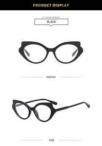 Vue détaillée d'une monture de lunettes œil-de-chat noire au design angulaire audacieux