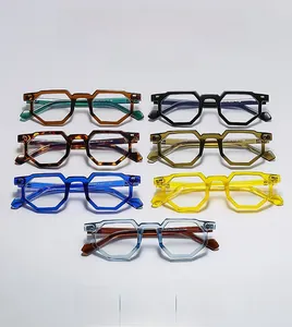 Collection of polygon glasses frames in various colors including tortoiseshell and amber
