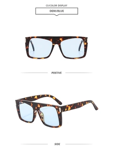 Detail view of large square tortoiseshell sunglasses with light blue lenses from two angles