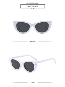 White cat eye sunglasses with black lenses shown from front and side angles