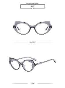 Vues détaillées de face et de côté de la monture de lunettes œil de chat gris transparent