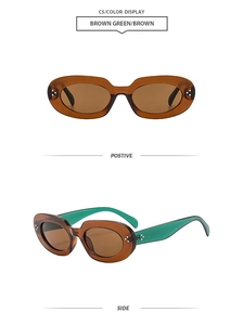 Detail view of oval brown sunglasses with green temples and silver metal rivets