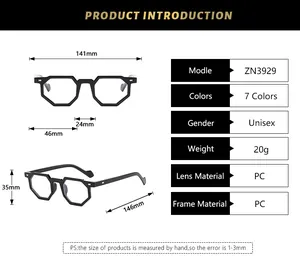 Detailed size chart for unisex ZN3929 polygonal glasses frame with dimensions in millimeters