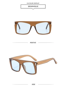 Brown frame sunglasses with blue lenses shown from front and side perspective views