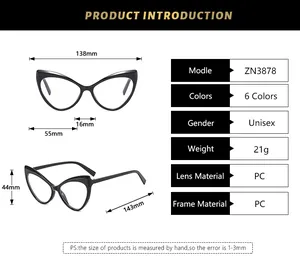 Size chart showing ZN3878 cat-eye frame dimensions, weight, and material specifications