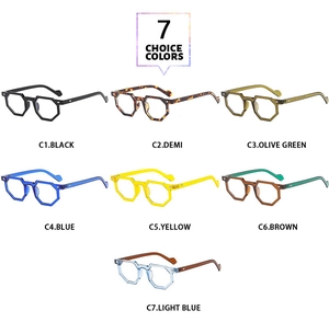 Collection of octagonal geometric eyewear frames shown in seven stylish color variations