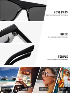 Detail view of large flat top sunglasses featuring reinforced hinges and comfort nose pads