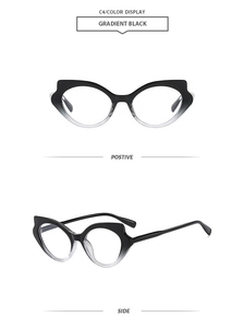 Vue détaillée de monture de lunettes œil-de-chat dégradé noir sous deux angles