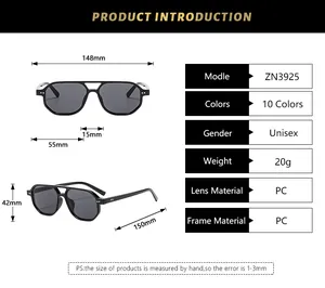 Detailed size chart for pilot sunglasses showing frame dimensions and PC material specs
