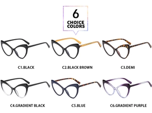 Six colors of fashion cat-eye glasses frames displayed in a grid on white background
