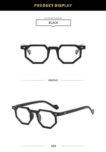 Detail view of black octagonal glasses frames with unique geometric design and side accents