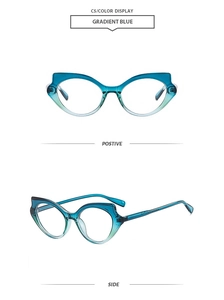 Vues détaillée de face et de profil de monture de lunettes œil-de-chat bleu dégradé