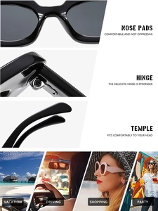 Detail view of oval black sunglasses featuring integrated nose pads and durable hinges