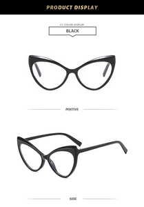 Detail view of stylish black cat-eye glasses frame showing front and side profile