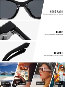 Detail view of reinforced hinges, nose pads, and lifestyle wear of cat eye sunglasses