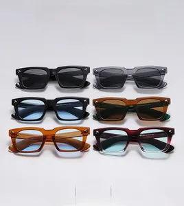 Detailed grid of vintage square sunglasses in six colors with metal T-shaped accents