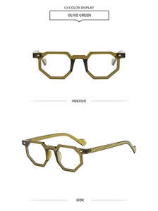 Detail view of olive green octagonal eyeglass frames with side temple accents