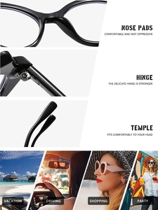 Détails des plaquettes de nez et charnières sur lunettes noires œil-de-chat