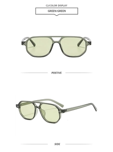 Detail view of retro aviator sunglasses featuring green lenses and transparent grey frames