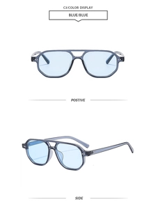 Detail view of stylish blue transparent double-bridge sunglasses from front and side angles