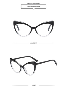 Detailed views of gradient black cat-eye glasses frames from front and side angles