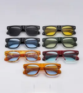 Matrix display of square vintage sunglasses in seven color varieties with durable frames