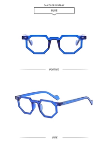 Detail view of stylish transparent blue geometric glasses frames with slim metal temples