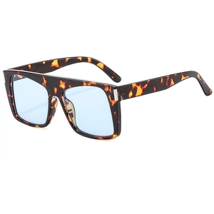 Fashion oversized square tortoiseshell sunglasses with light blue lenses and silver accents