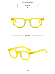 Detailed front and side views of yellow translucent geometric octagonal glasses frame