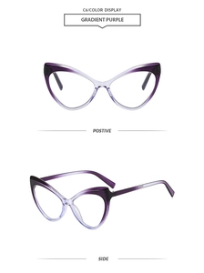 Detail view of gradient purple cat-eye frame from positive and side angles