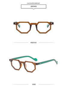 Front and side views of brown geometric eyeglasses with stylish mint green temple accents