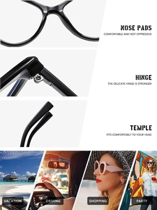 Detail view of integrated nose pads and reinforced hinges on black cat-eye glasses