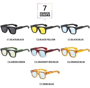 Showcase of seven stylish square frame sunglasses in assorted vibrant color combinations