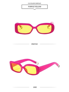 Vues de face et de côté de lunettes de soleil rectangulaires mauves à verres jaunes