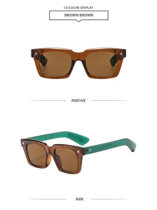 Front and side views of vintage square brown frame sunglasses with metallic T-decorations