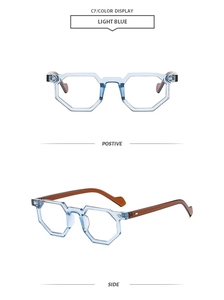 Detail view of stylish light blue hexagonal glasses frame with brown temples for women