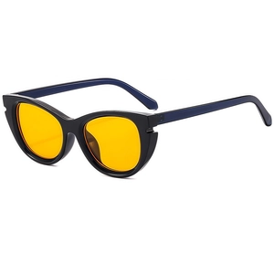 Retro cat-eye sunglasses with black frames and vibrant orange lenses at 45-degree angle