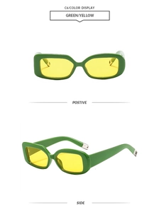 Vues de face et de côté de lunettes de soleil rectangulaires vertes à verres jaunes