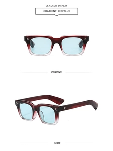 Front and side view of square gradient red sunglasses with light blue lenses and silver studs