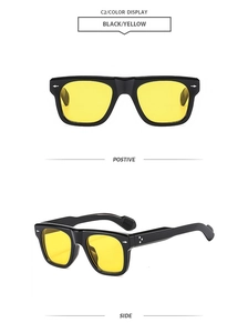 Front and side view of retro black square sunglasses with vibrant yellow lenses