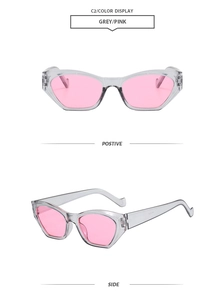 Detailed views of retro cat-eye sunglasses with transparent grey frames and pink lenses