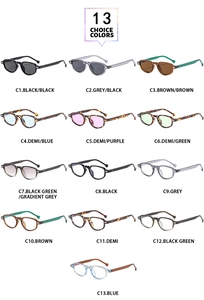 Collection of thirteen colorful cat eye sunglasses with vintage frames and studded temples