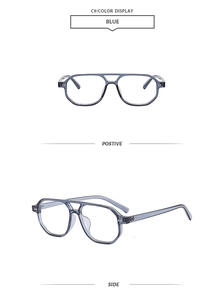 Classic double-bridge sunglasses with blue frames and silver rivets in two views