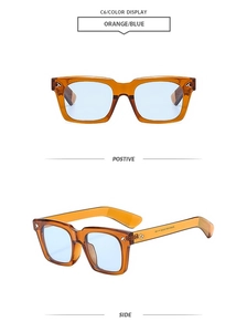 Detailed front and side views of orange square frame sunglasses with blue lenses