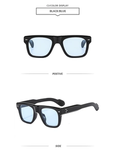 Front and side views of vintage black square sunglasses with light blue lenses