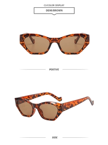 Detailed front and side views of irregular cat-eye sunglasses in leopard print finish
