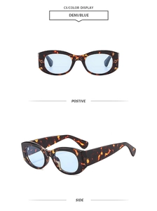Détails de lunettes de soleil écaillées avec verres bleus en vues de face et de profil